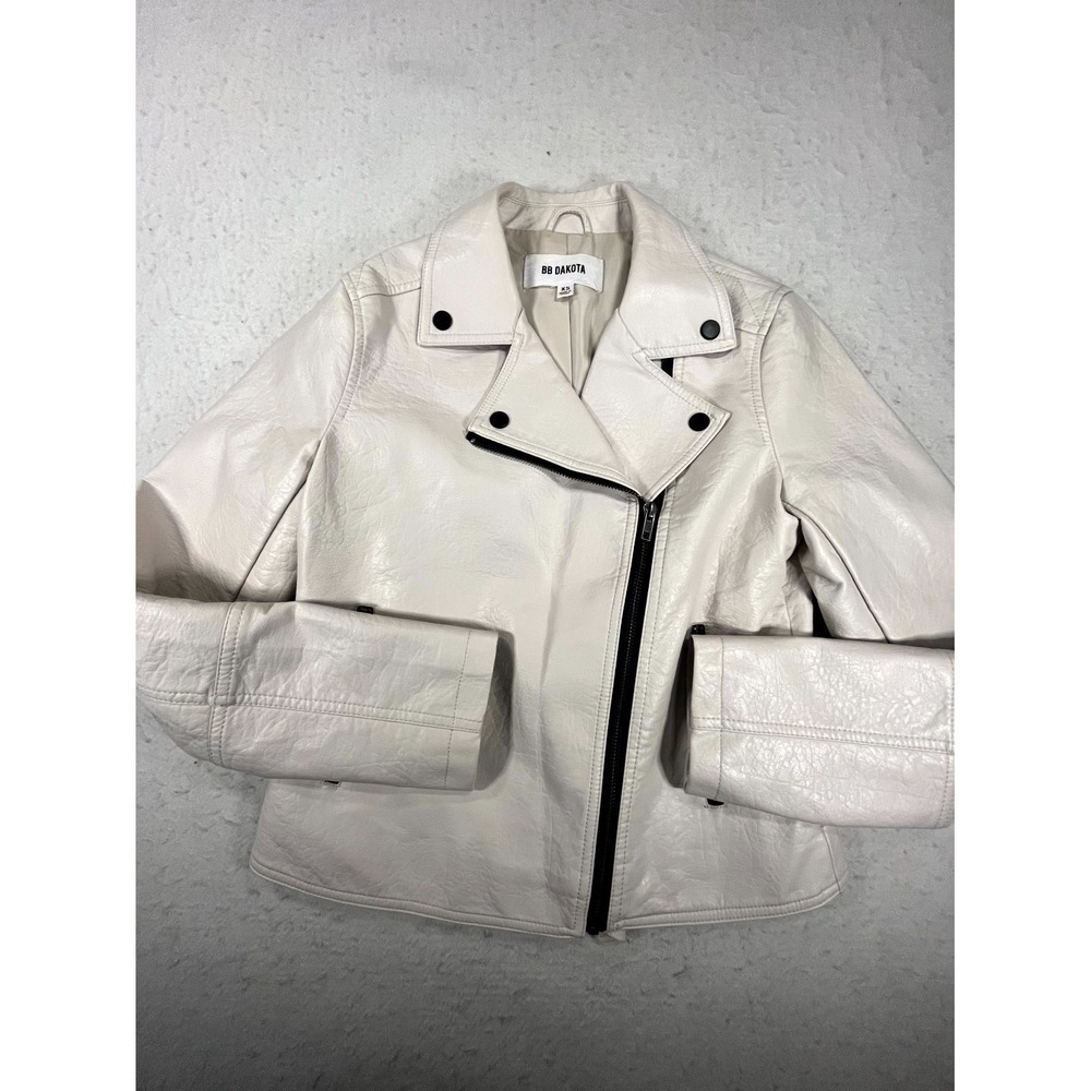 BB Dakota Cropped Moto Jacket Women XS White Faux Leather Water Resistance Biker